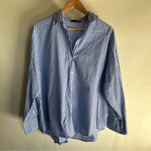 Ella Blue plaid gingham shirt long sleeve women’s sz lg cotton nylon spandex euc